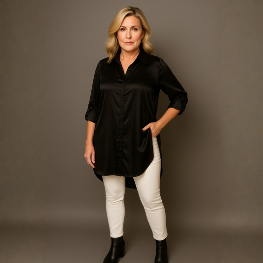 Dipped Hem Satin Shirt with 3/4 button Tab Sleeves BLACK - Blouse / Shirt