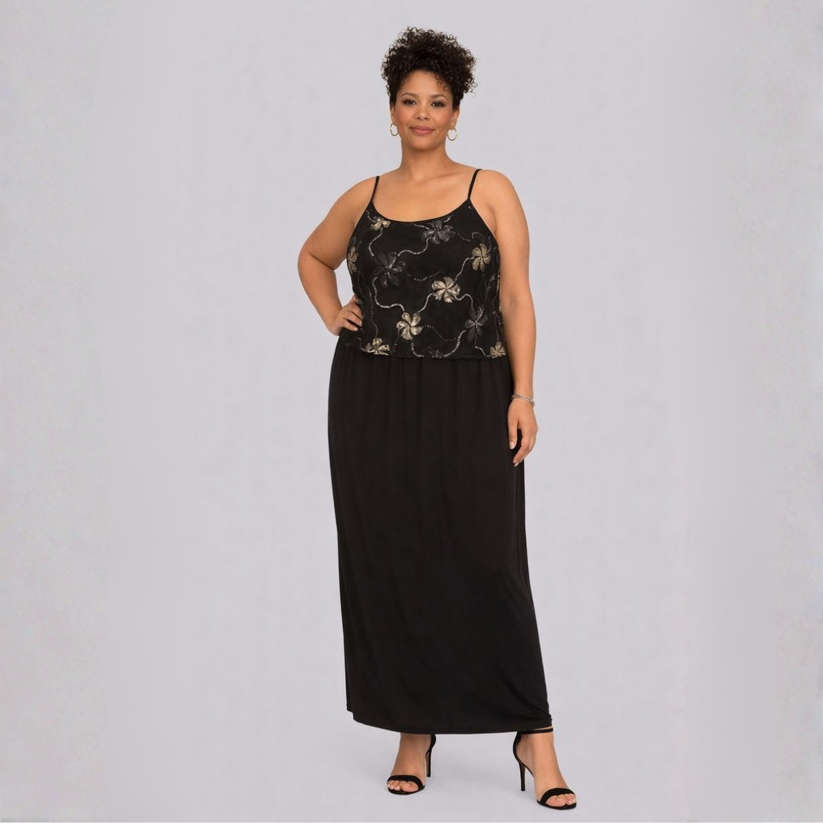 Black Strappy Maxi Dress with Silver Embroidered Overlay Top BLACK SILVER - maxi dress