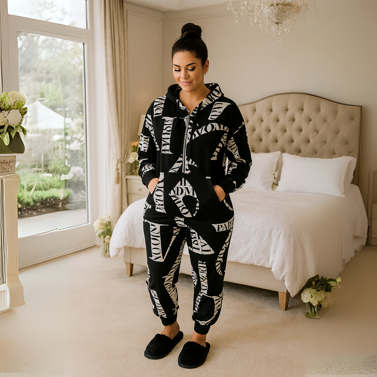 Black White Love Paris Print Lounge Suit Jumpsuit BLACK - Jumpsuits & Rompers