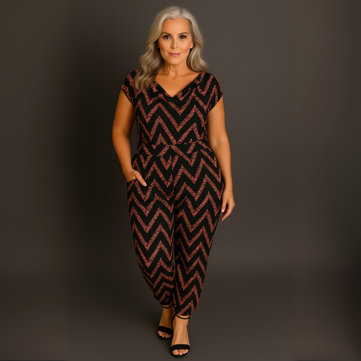 Zig Zag Print Cowl Neck Jumpsuit RUST - Jumpsuit