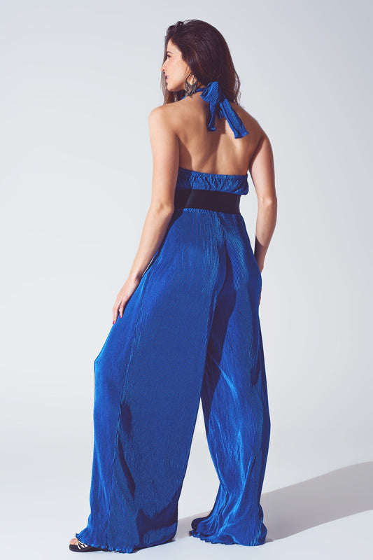 Satin Halter Neck Pleated Maxi Jumpsuit in Blue - Jumpsuits