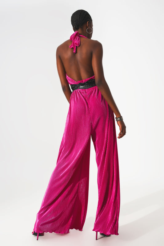 Satin halter neck pleated maxi jumpsuit in fuchsia - Dresses