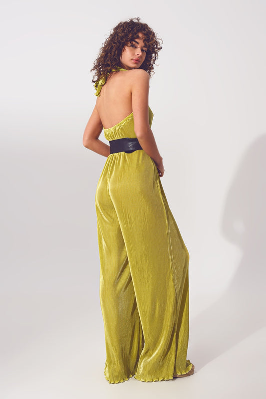 Satin Halter Neck pleated maxi jumpsuit in Green - Jumpsuits