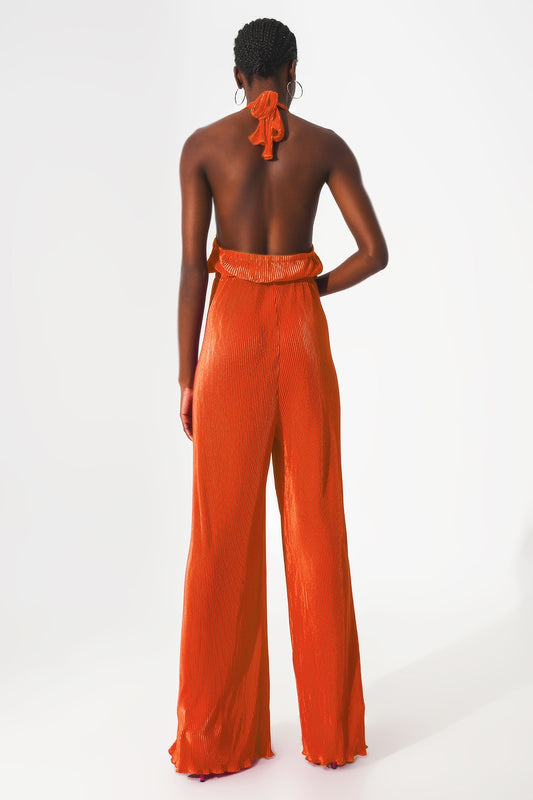 Satin halter neck pleated maxi jumpsuit in orange - Jumpsuits