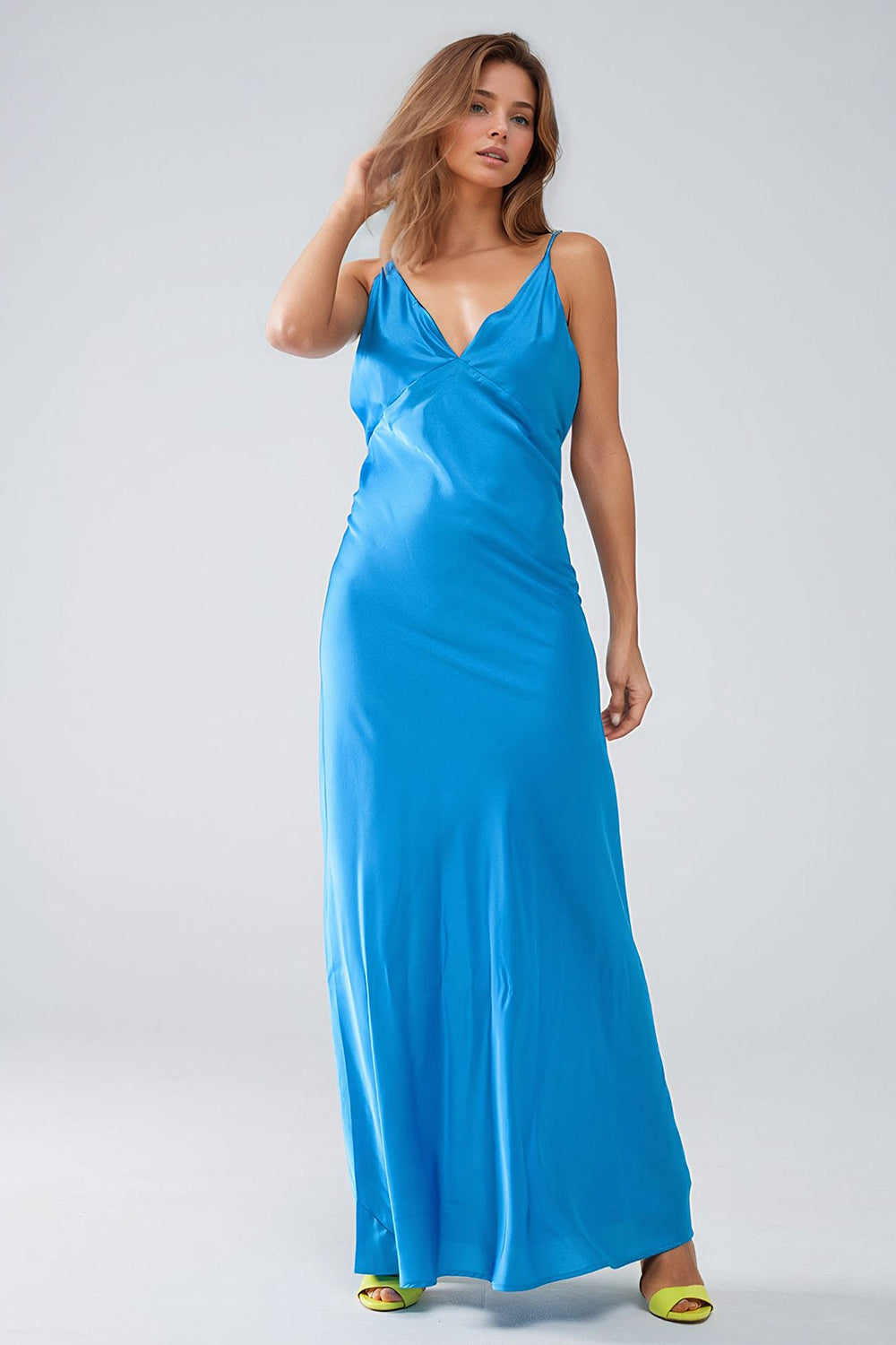 Satin Maxi Dress With Spaghetti Straps in Blue - Dresses