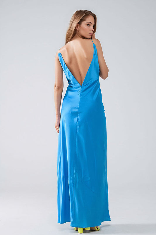 Satin Maxi Dress With Spaghetti Straps in Blue - Dresses