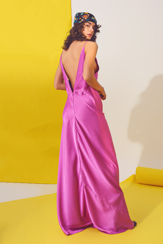 Satin Maxi Dress With Spaghetti Straps in Fuchsia - Dresses