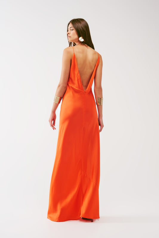 Satin Maxi Dress with Spaghetti Straps in Orange - Dresses