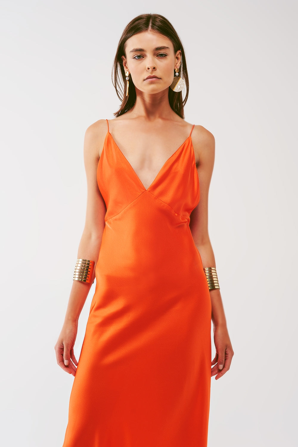 Satin Maxi Dress with Spaghetti Straps in Orange - Dresses