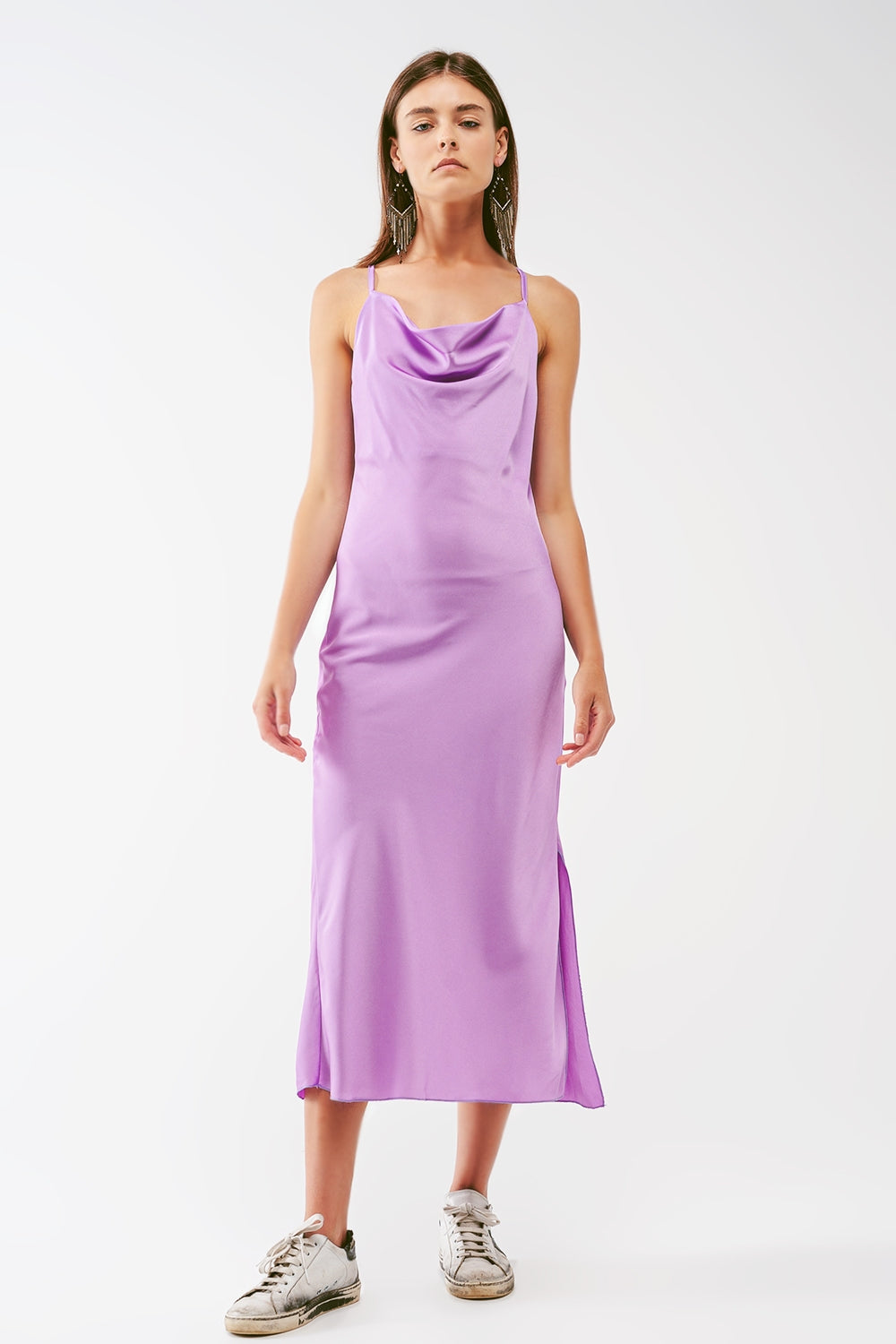 Satin Midi Dress With Cowl Neck in lilac - Dresses