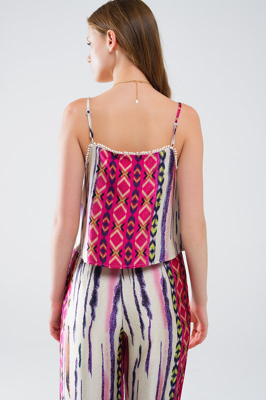 Satin Multicolored Sleeveless Top With Abstract Print - Tops