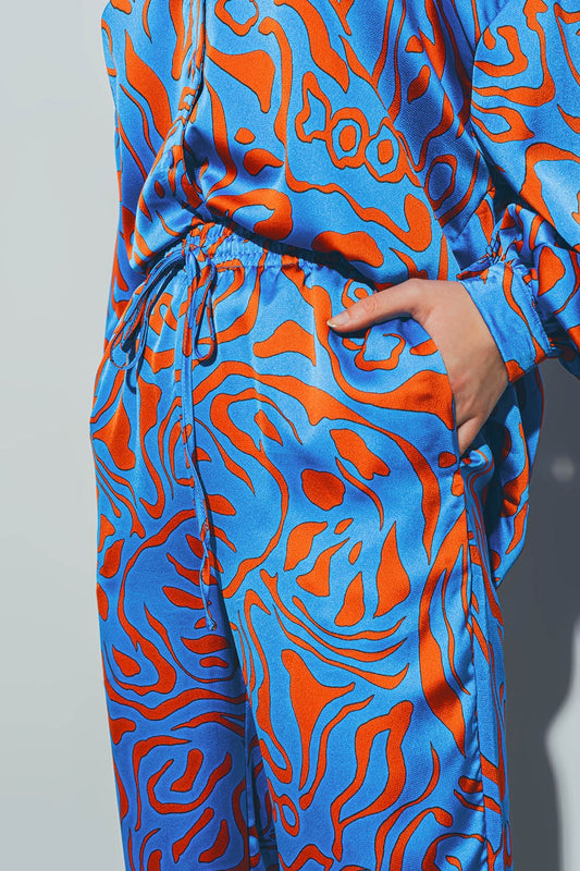 Satin Pants with Elastic Waist in Blue - Trousers