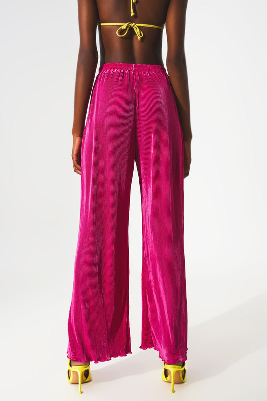 Satin pleated wide leg pants in fuchsia - Pants