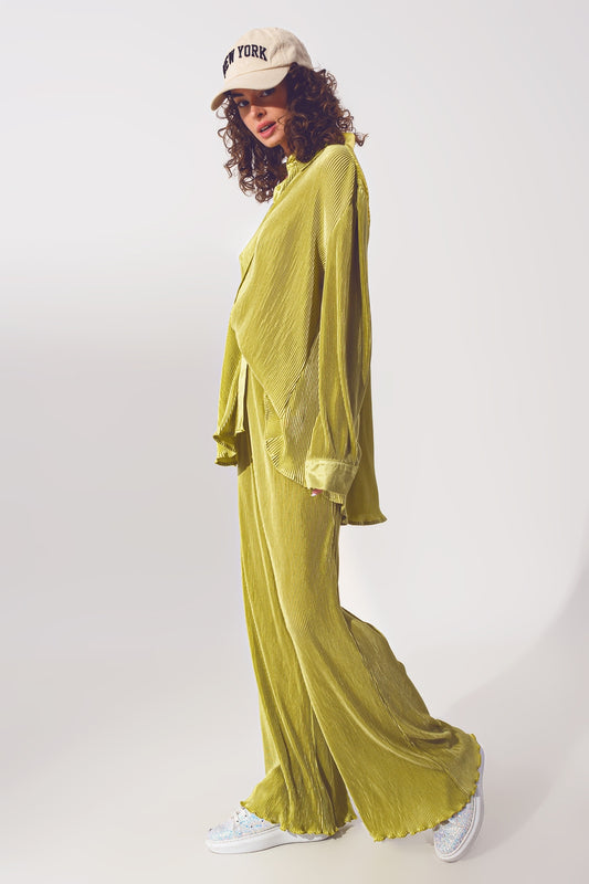 Satin Pleated Wide Leg Pants in Green - Trousers