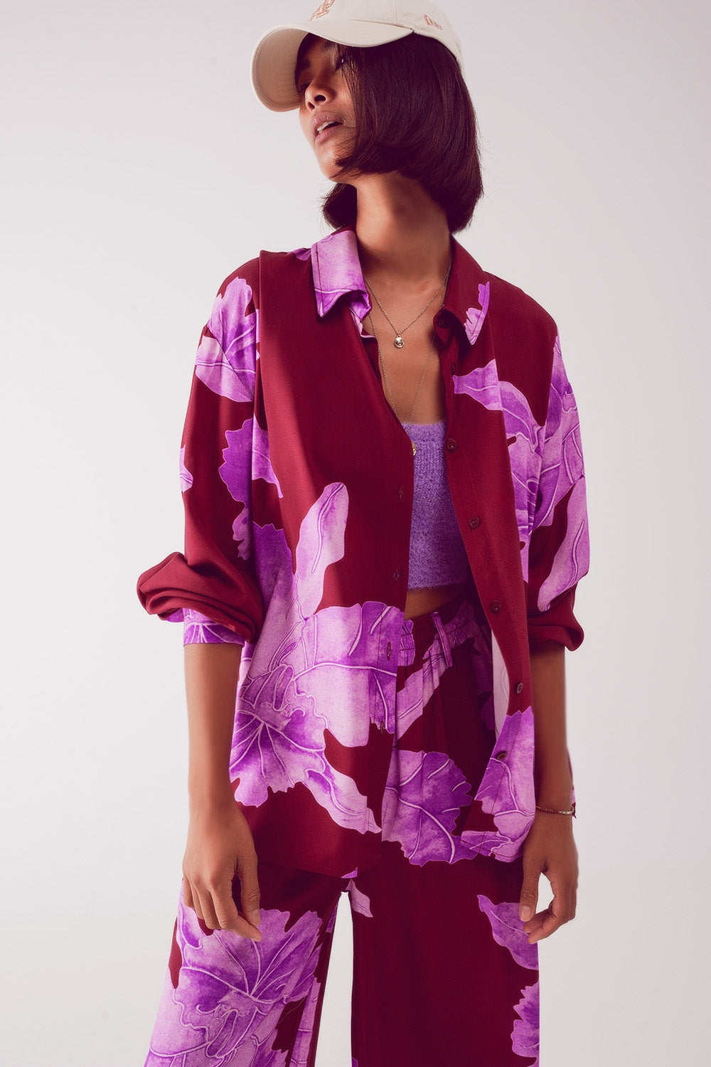 Satin shirt in fuchsia with large floral print - Shirts