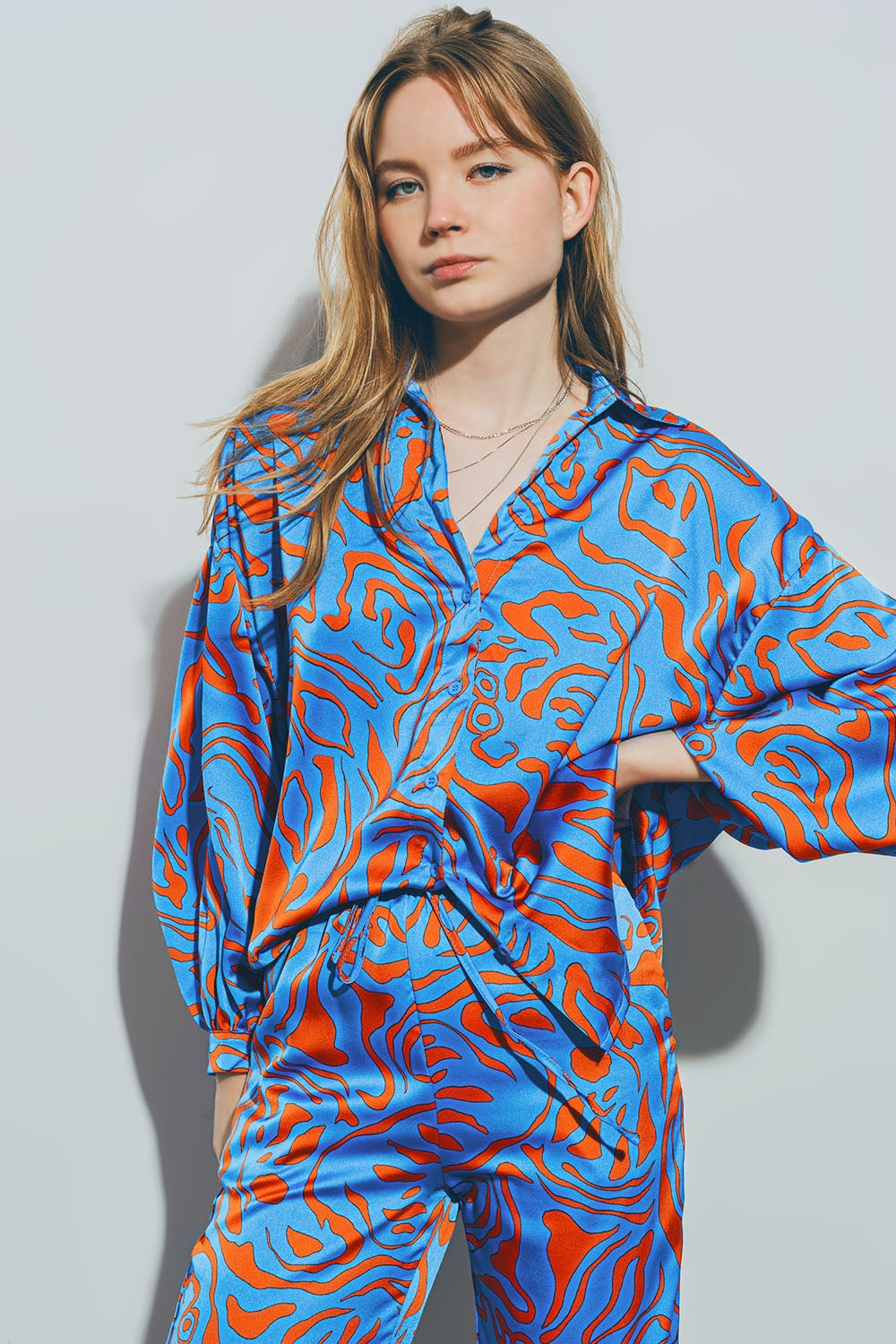 Satin Shirt with Balloon Sleeves in Blue - Shirts