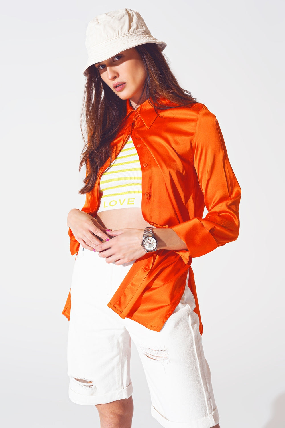 Satin shirt with split cuff in orange - Shirts