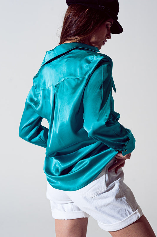 Satin shirt with split cuff in turquoise - Shirts