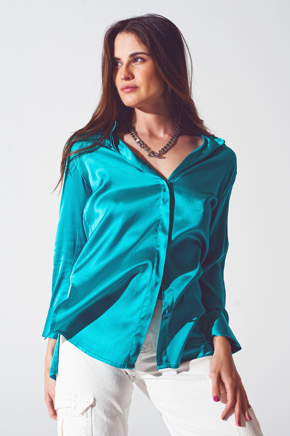 Satin shirt with split cuff in turquoise - Shirts