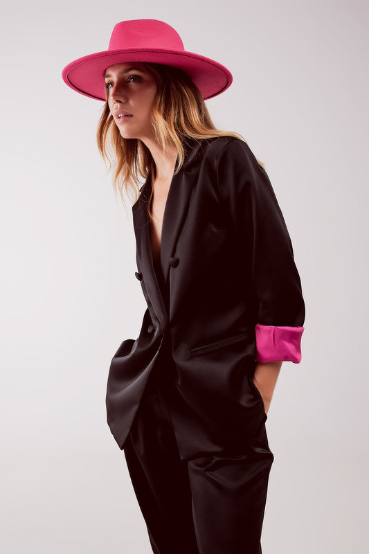 Satin tailored double breast blazer in black - Blazers