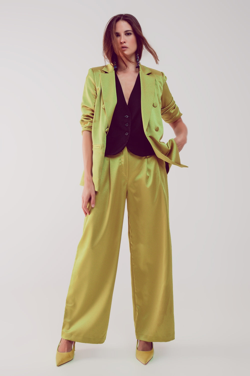 Satin tailored double breast blazer in lime - Blazers