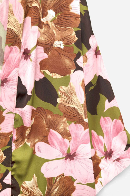 Satin Tropical Floral Kimono in Olive Green - Dresses