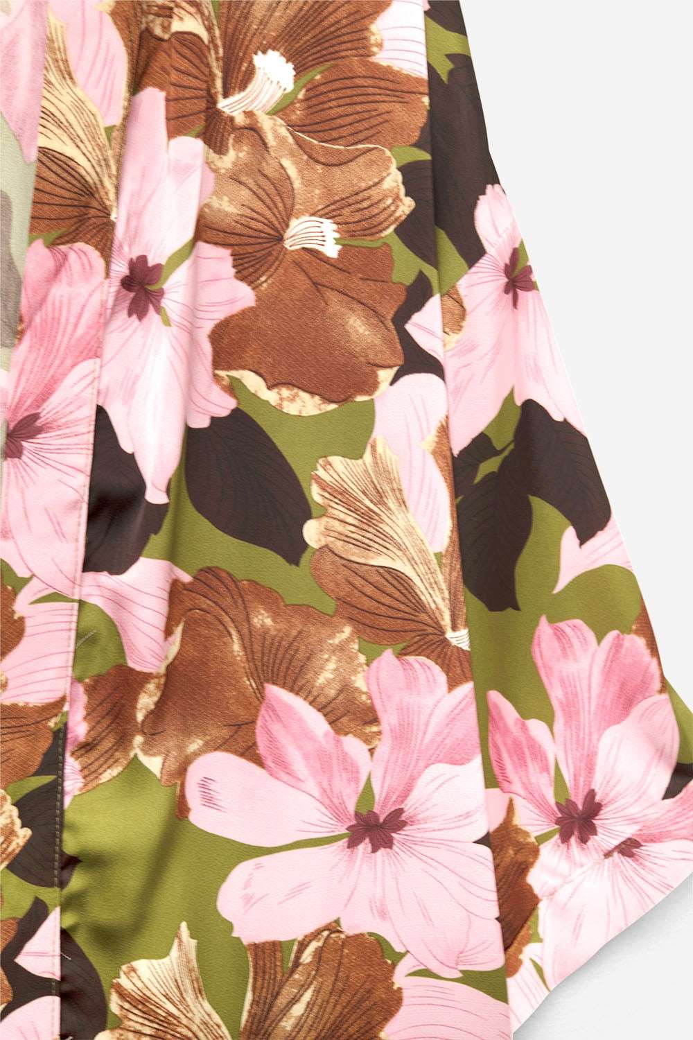 Satin Tropical Floral Kimono in Olive Green - Dresses