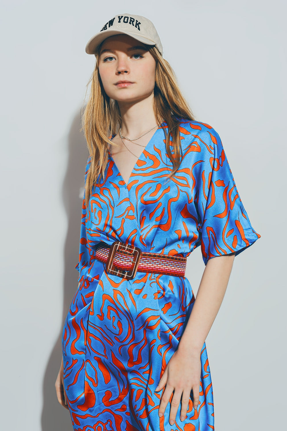 Satin V Neck Midi Dress in Blue - Dresses