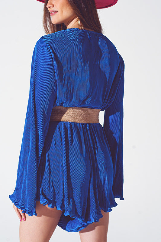 Satin Wrap Deatil Pleated Short Jumpsuit in Blue - Dresses