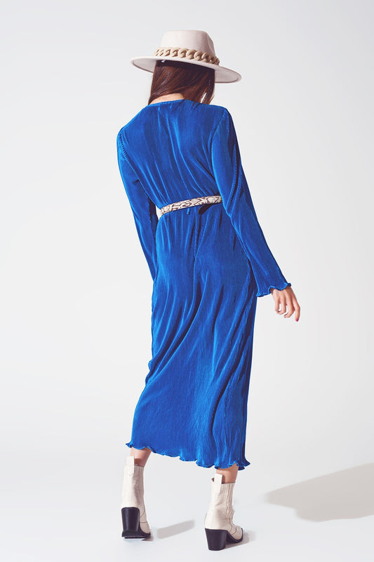 Satin Wrap Detail Pleated Dress in Blue - Dresses