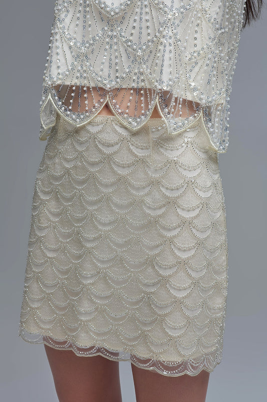 Scalloped Sequin Mini Skirt in Cream - Skirts
