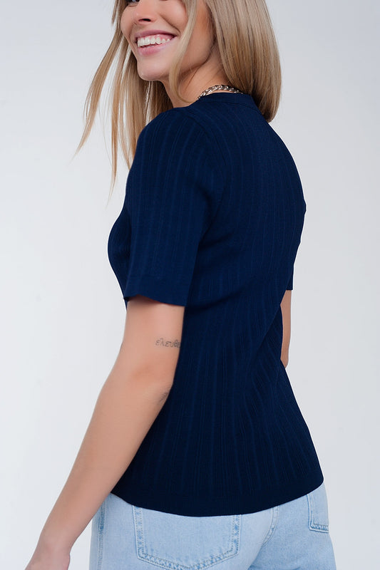 Scoop neck jumper with short sleeve in navy - Sweaters