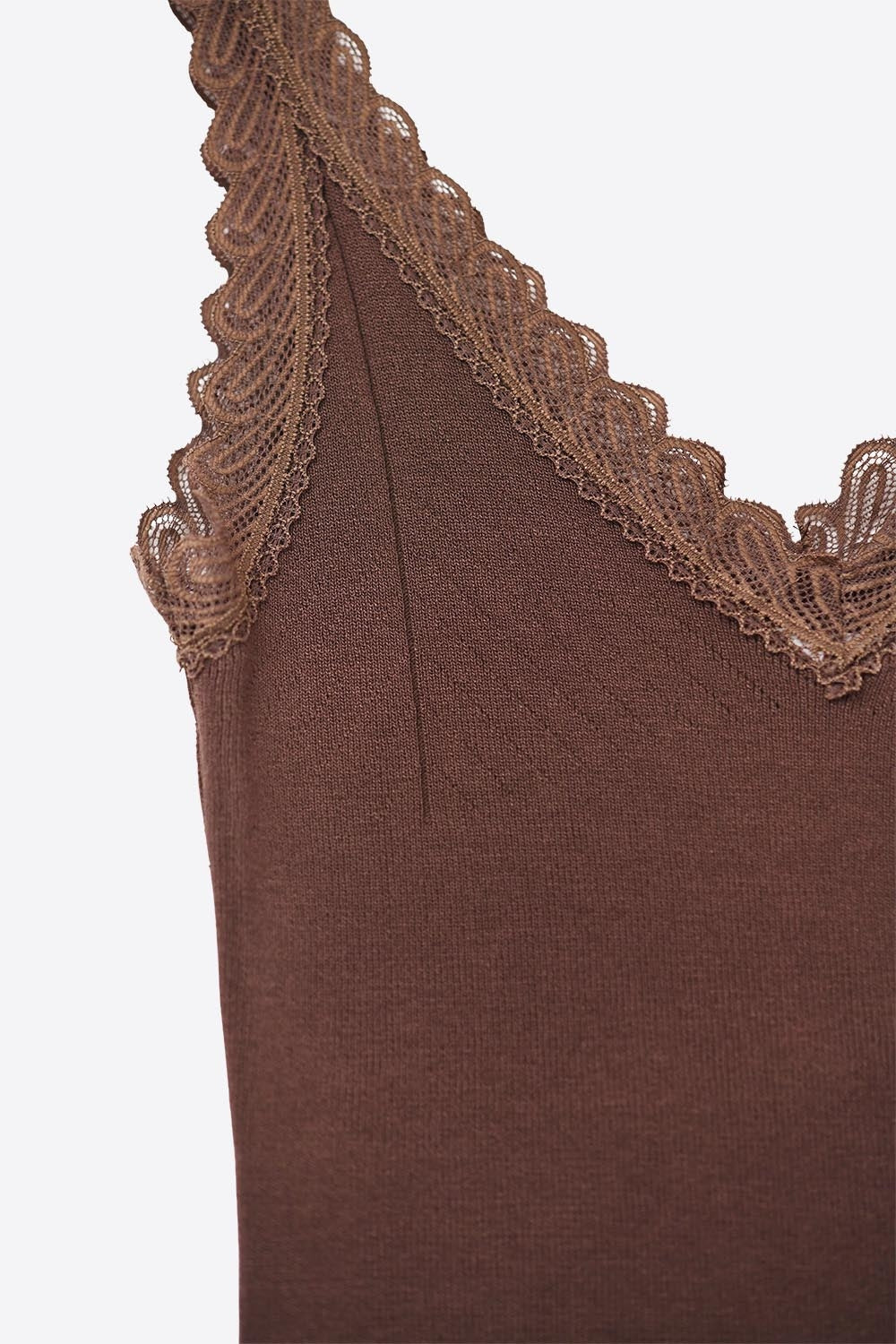 Scoop Neck Lace knitted Trim Tank Top in Chocolate Brown - Tops