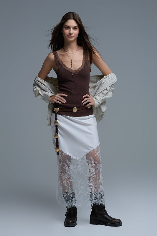 Scoop Neck Lace knitted Trim Tank Top in Chocolate Brown - Tops