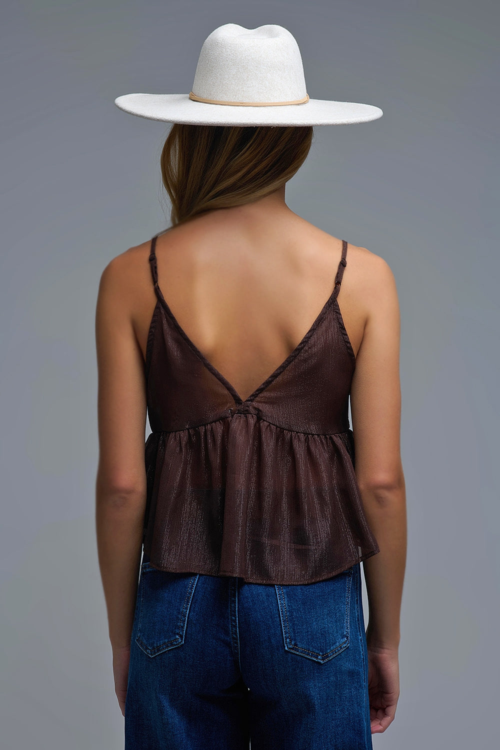 Sequin Camisole Top in brown with Floral Detail embellished - Tops