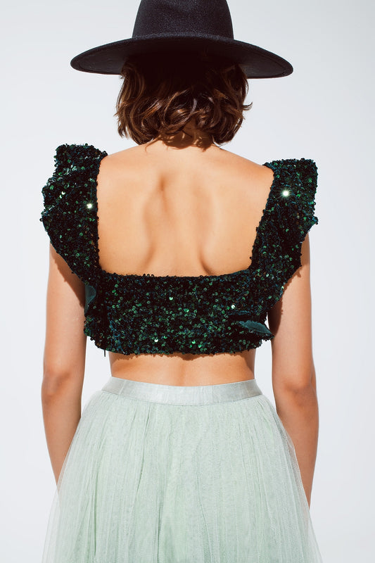 Sequin Cropped top in green with wide straps - Tops