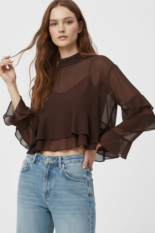 Sheer Cape-style Brown Blouse in chiffon With Ruffles - Tops