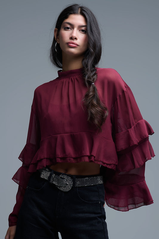Sheer Cape-style Burgundy Blouse in chiffon With Ruffles - Shirts