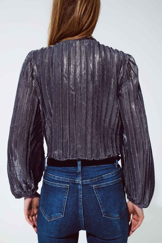 Shiny Glitter Body with Deep V-Neck in Silver - Bodysuits