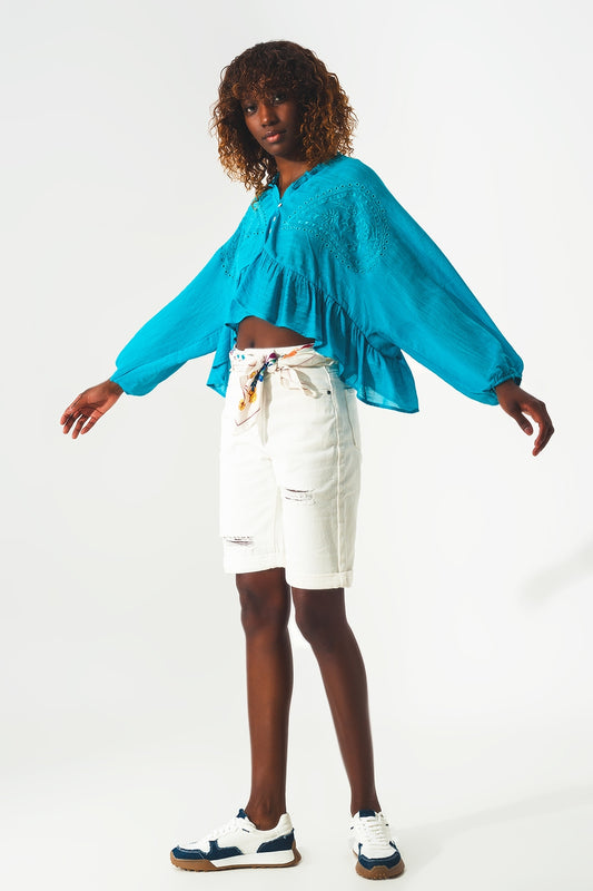 Shirred crop top with embroidery in blue - Tops