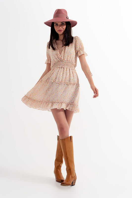 shirred mini skater dress in floral yellow - Dresses