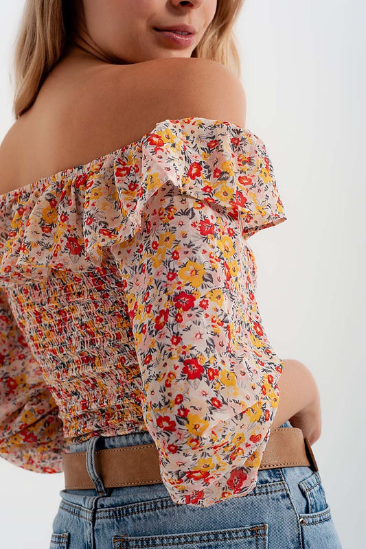 Shirred off the shoulder top with ruffle in coral floral print - Tops
