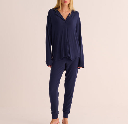 Navy Ribbed Modal Hero Shirt and Cuffed Leggings Set - Loungewear