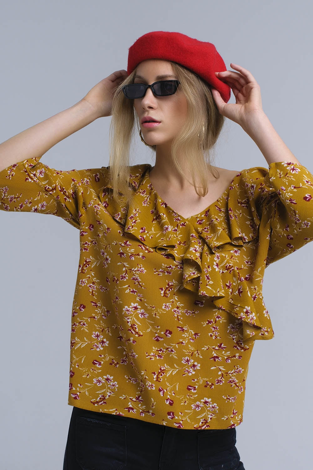 Shirt with crossed ruffles in mustard - Shirts
