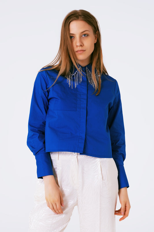 Shirt With Fringe strass Collar in blue - Shirts