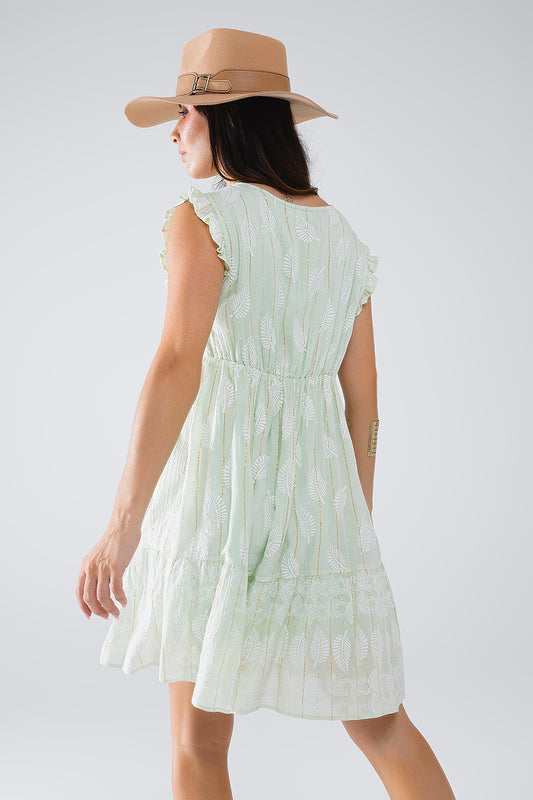 Short Babydoll Dress With Leaf Print And Lurex Thread in Mint - Dresses