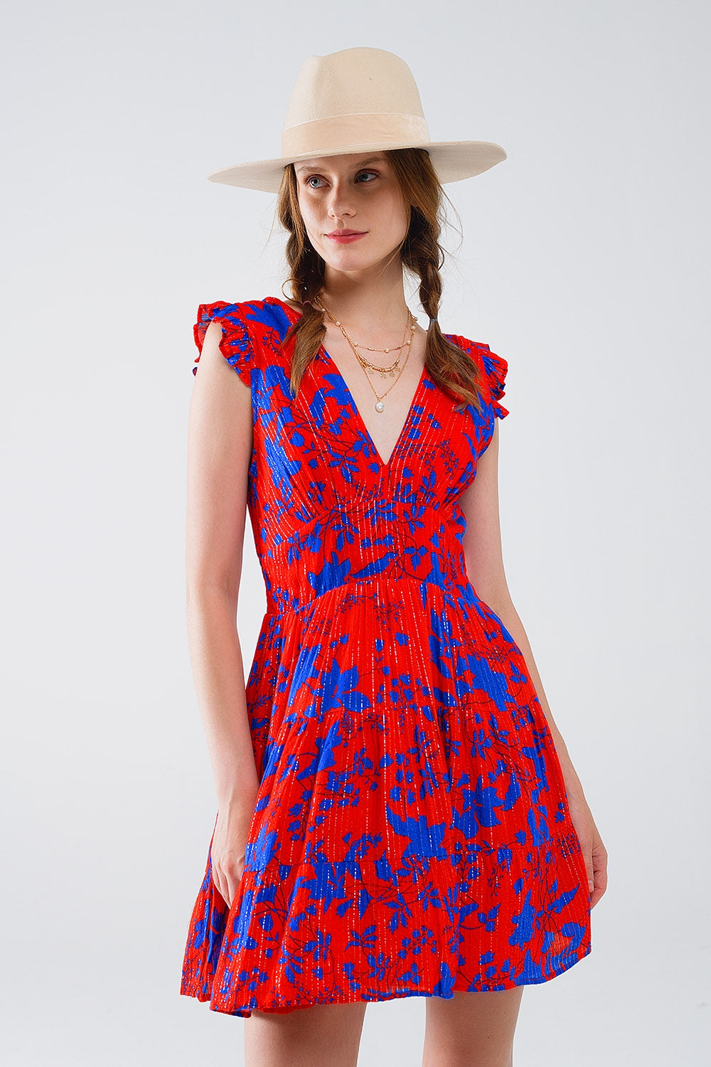 Short Dress In Red With Blue Floral Print And V-neck - Dresses