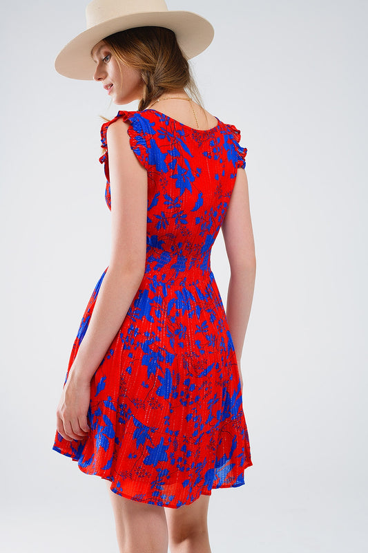 Short Dress In Red With Blue Floral Print And V-neck - Dresses
