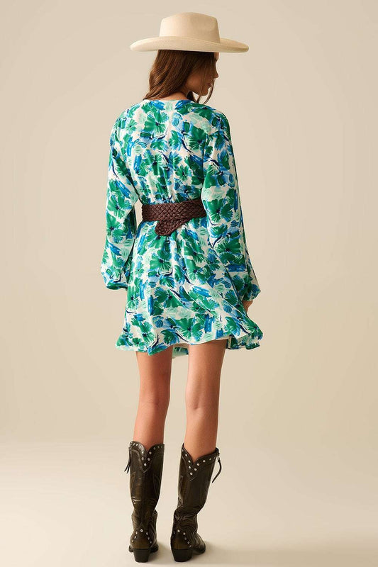 short dress with a wide V-neck and floral print - Dresses