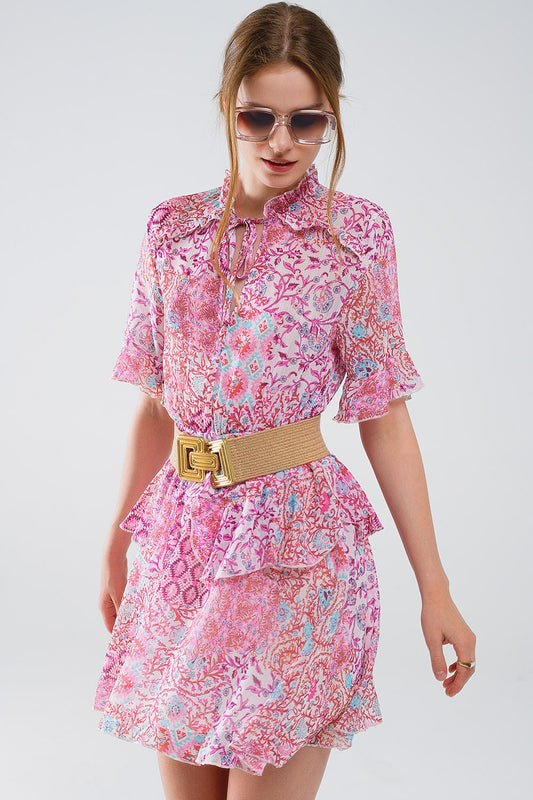 Short Dress With Abstract Print And Ruffled Skirt in Shades of Pink - Dresses